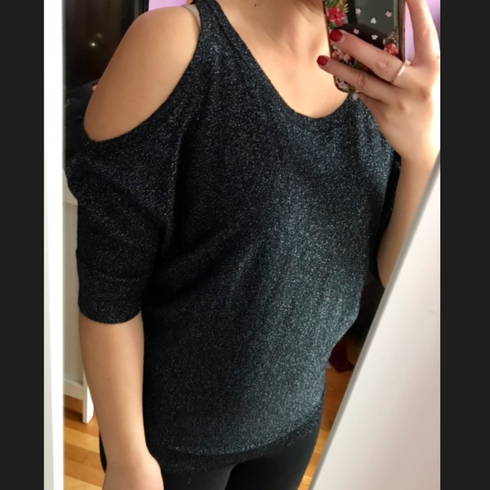 Black with blue sparkle cold shoulder sweater